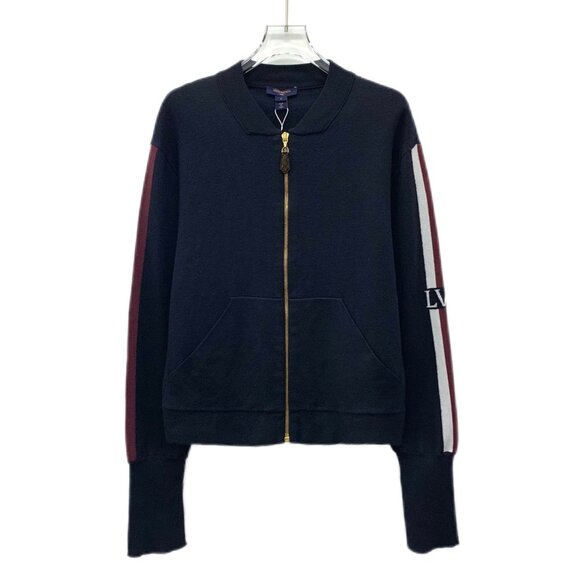 CW0713 Louis Vuitton Womens Wool Zip-Up Cardigan With Striped Sleeves & Embroide - Picture 1 of 8